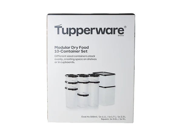 Tupperware Modular Dry Food 10-Container Set retail box on a plain white background.