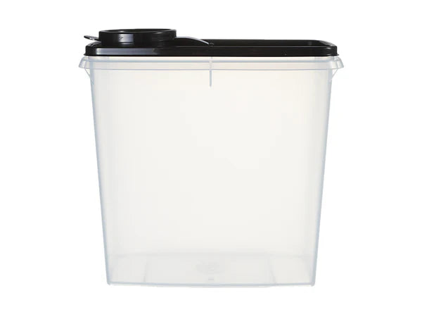 A clear plastic storage container with a black lid, shown against a plain white background.