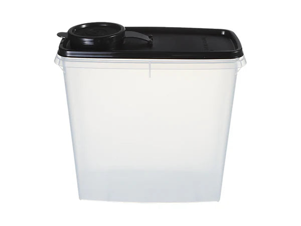 White container with a black lid on a white background