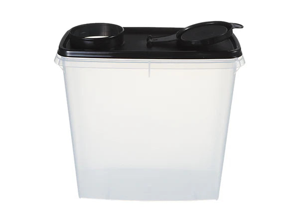 White storage container with black lid on a white background