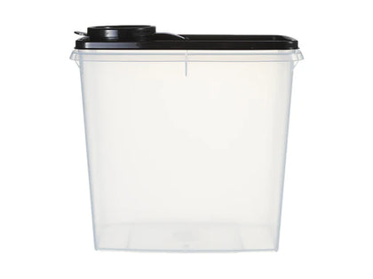 A clear plastic storage container with a black lid, shown against a plain white background.