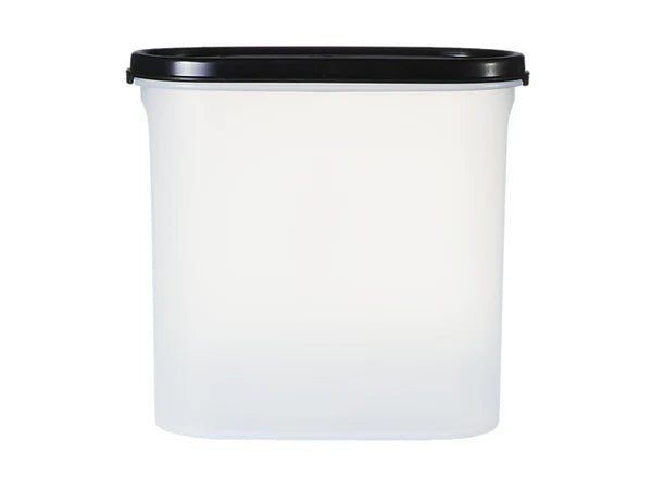 A translucent white plastic storage bin with a black screw-on lid, shown against a plain white background.