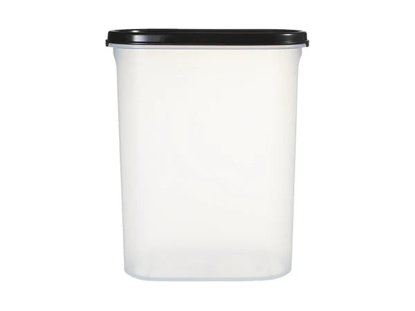 A translucent white plastic storage container with a black screw-on lid, shown against a plain white background.