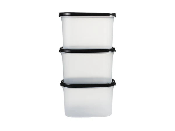 Three stacked translucent plastic storage containers with black lids on a plain white background.