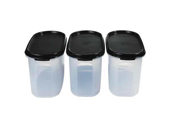 Three translucent plastic storage containers with black lids, arranged side by side on a plain white background.