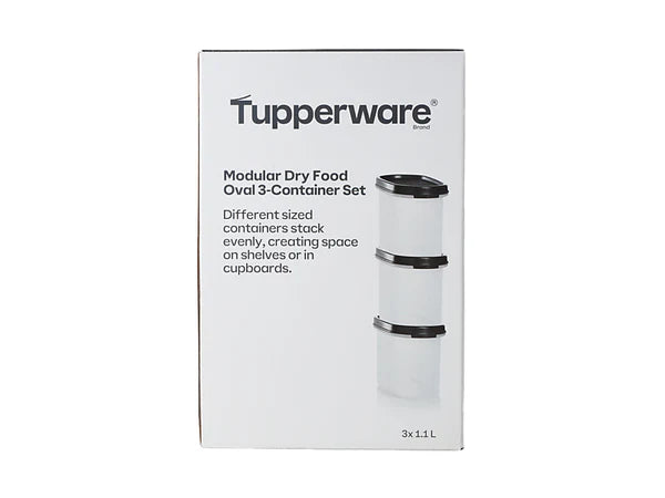 Tupperware Modular Dry Food Oval 3-Container Set retail box on a plain white background.