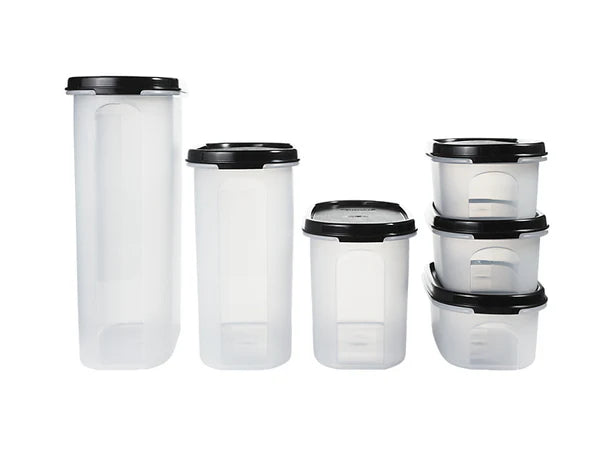 Set of clear plastic containers with black lids on a white background