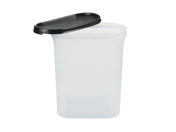 A translucent white plastic storage container with a black lid, shown on a plain white background.