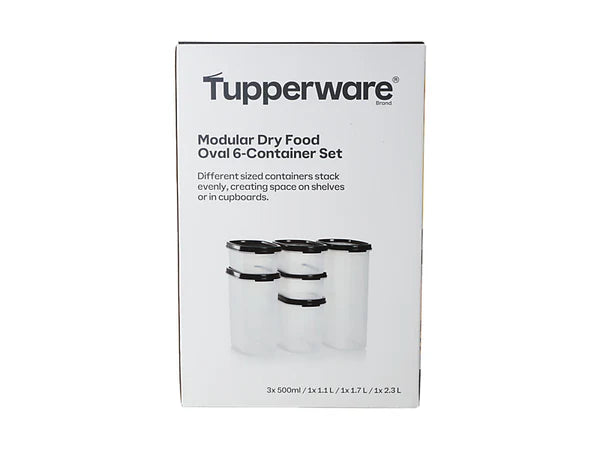 Tupperware modular dry food oval 6-container set packaging on a white background