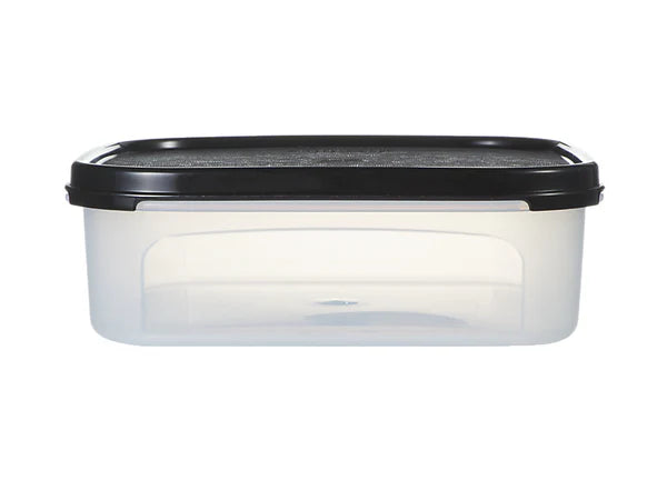 Clear plastic container with a black lid on a white background