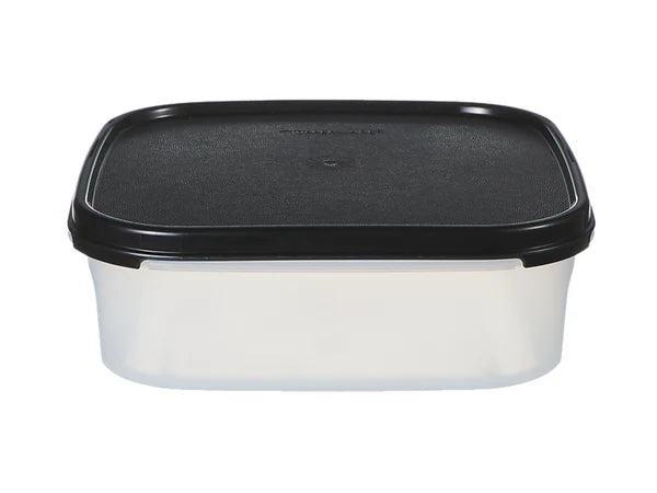 A rectangular plastic storage container with a clear body and a black lid, shown against a plain white background.
