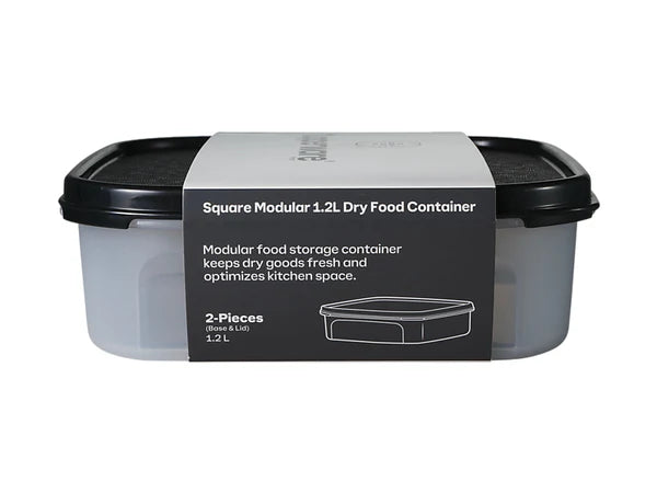 Square Modular 1.2L Dry Food Container with black lid on a white background