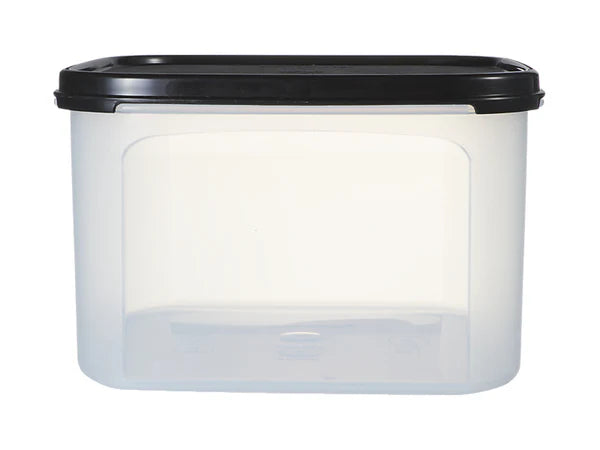 Clear plastic container with a black lid on a white background
