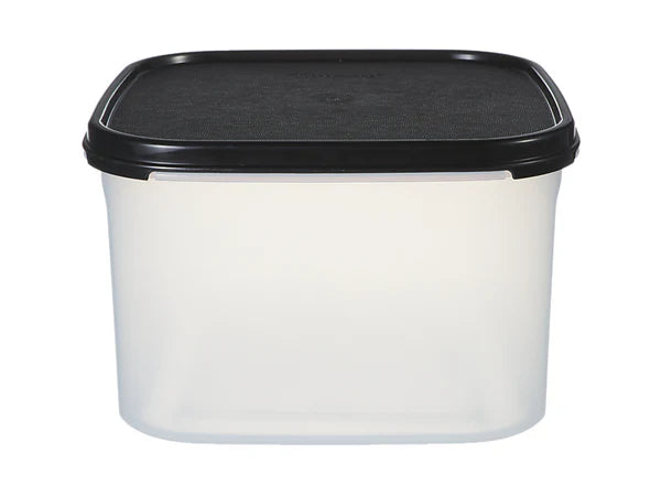 A translucent white plastic storage container with a black lid, shown against a plain white background.