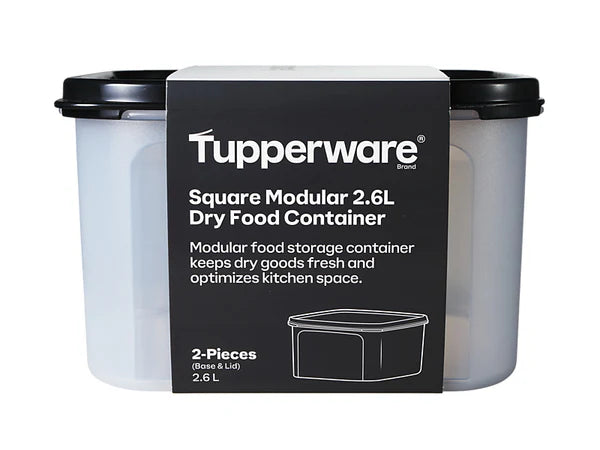 Tupperware brand Square Modular 2.6L Dry Food Container shown in a 2-piece set, featuring translucent gray plastic containers with black lids and a black paper label wrap.
