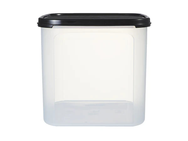 A clear plastic storage container with a black lid, shown against a plain white background.