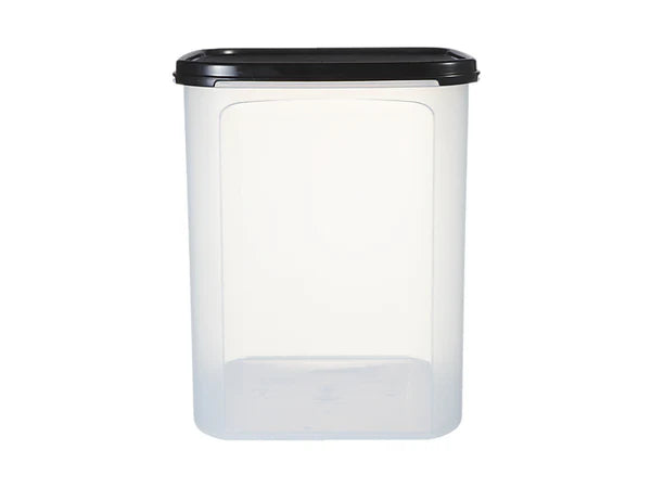 A clear plastic storage container with a black lid, shown against a plain white background.