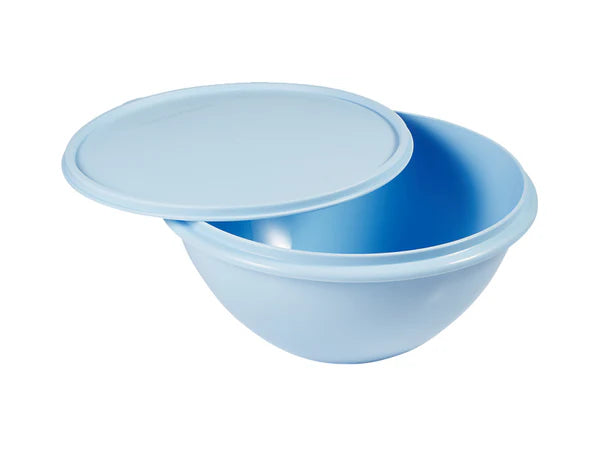 Two blue plastic bowls with a lid on a white background