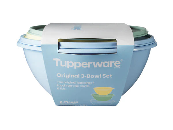 Tupperware Original 3-Bowl Set in a light blue plastic container with a white paper sleeve label, showing the top of the bowls and their lids in light blue, mint green, and pale yellow.