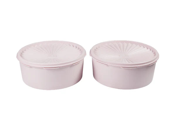 Two pink plastic containers with lids on a white background