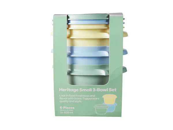 Heritage Small 3-Bowl Set packaging with pastel-colored bowls on a white background