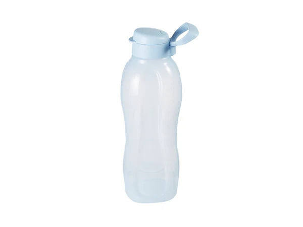 Clear water bottle with a light blue cap on a white background