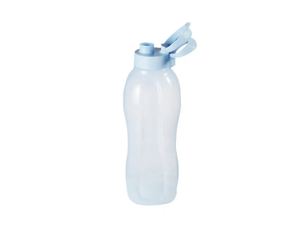 Clear water bottle with a blue cap on a white background