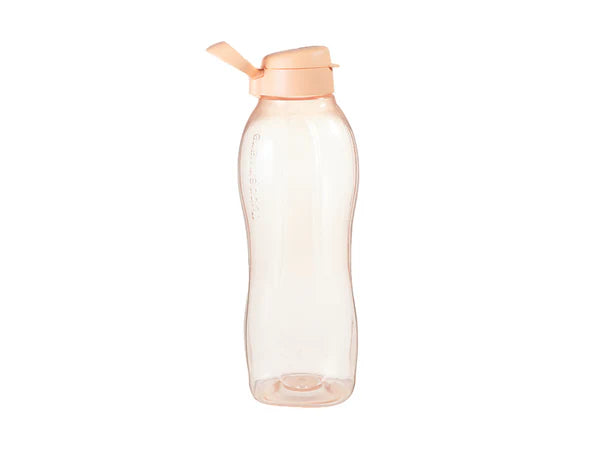 A translucent plastic water bottle with a pale orange-colored flip-top lid, shown against a plain white background.