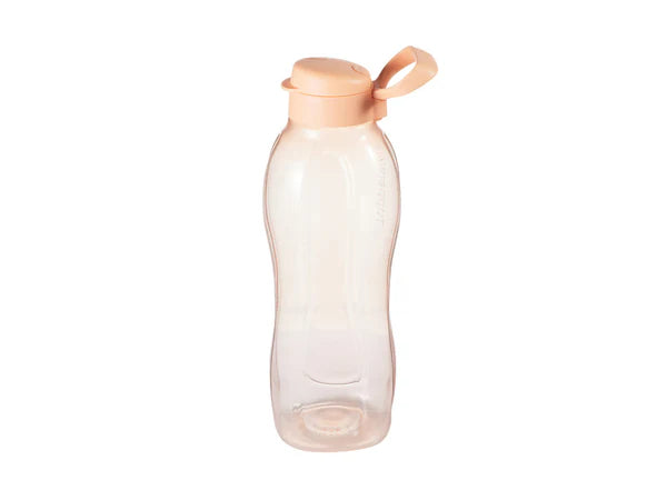 A translucent plastic water bottle with a orange-colored flip-top lid and carrying loop, shown on a plain white background.
