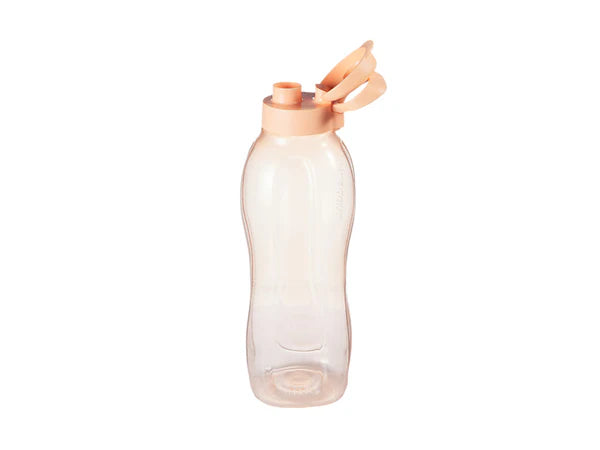 Clear water bottle with orange-colored cap on a white background