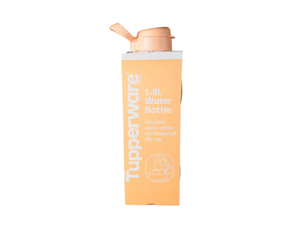 A 1.5L Tupperware water bottle with a flip-top lid, shown in a carton-style package design.