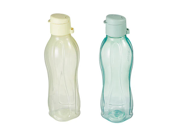 Two plastic bottles with yellow and aqua caps on a white background