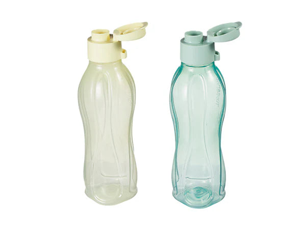 Two plastic water bottles, one yellow and one aqua, on a white background