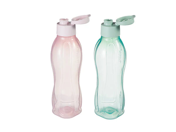 Two transparent water bottles, one pink and one green, on a white background.
