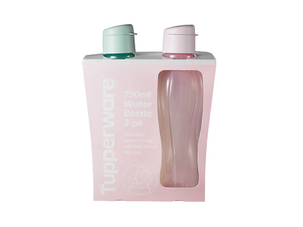 Tupperware 750ml Water Bottle 2-pack in a light pink cardboard box with a clear window showing two bottles, one with a mint green cap and one with a pale pink cap.