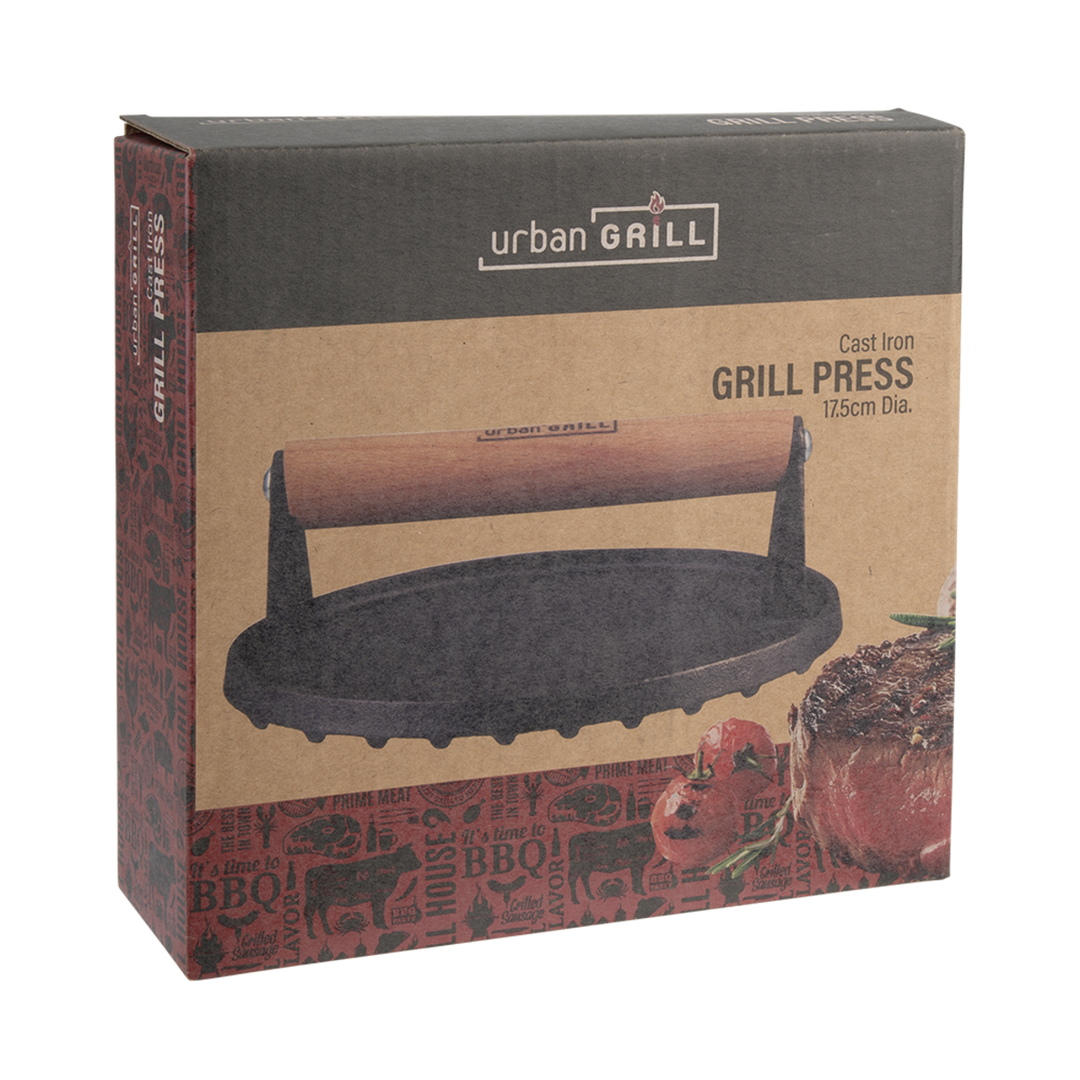 Box packaging of a cast iron grill press with branding and product details