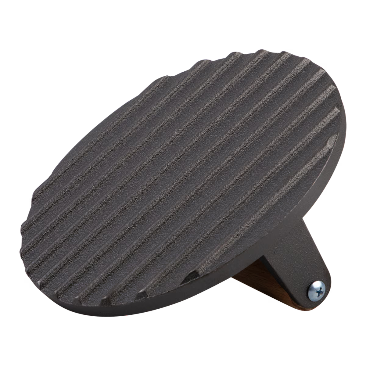 Black cast iron grill press on a white background