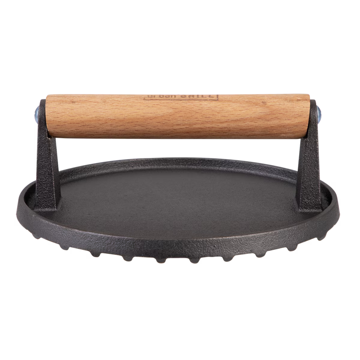 Cast iron grill press with wooden handle on a white background