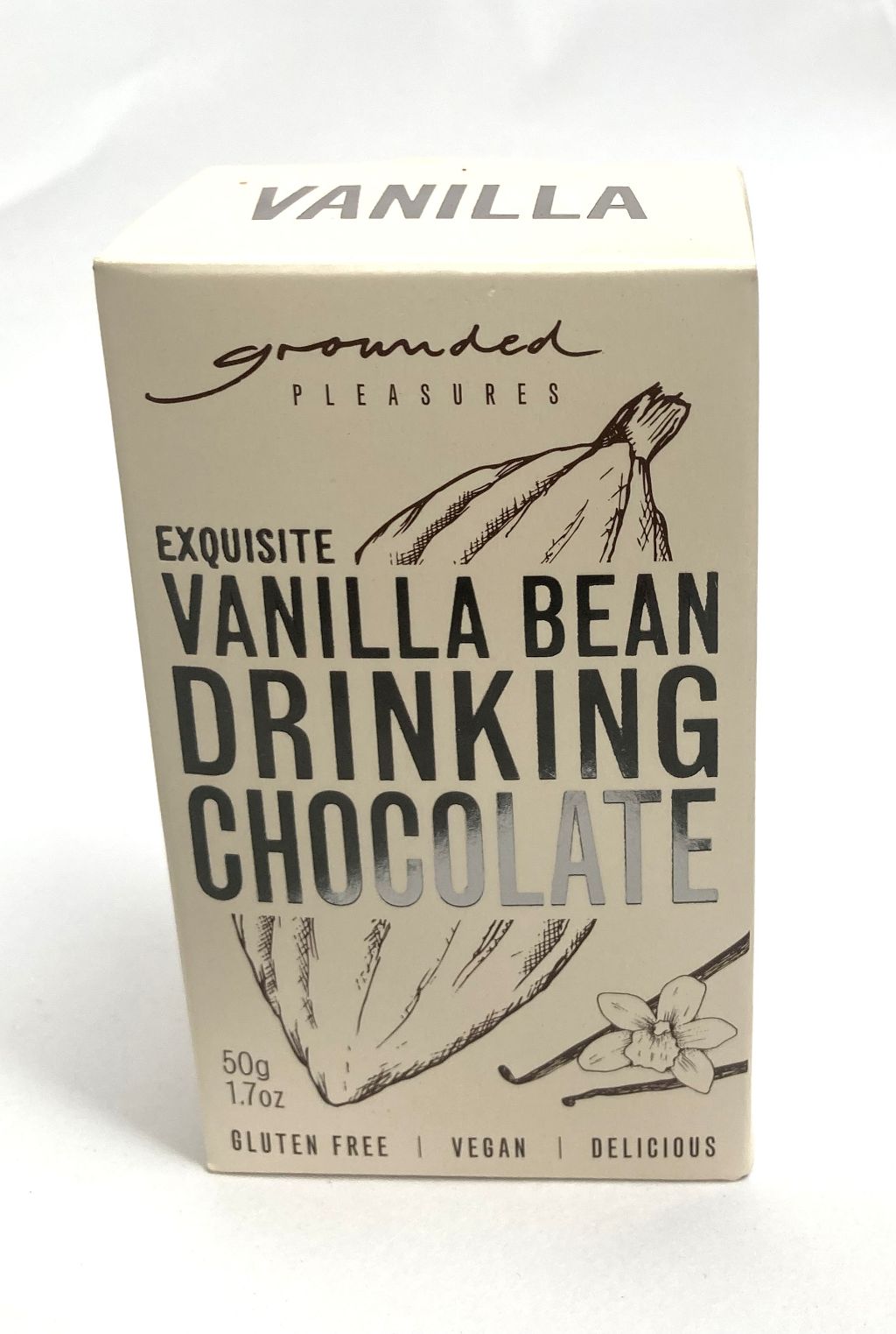 Box of Vanilla Bean Drinking Chocolate from Grounded Pleasures on a white background