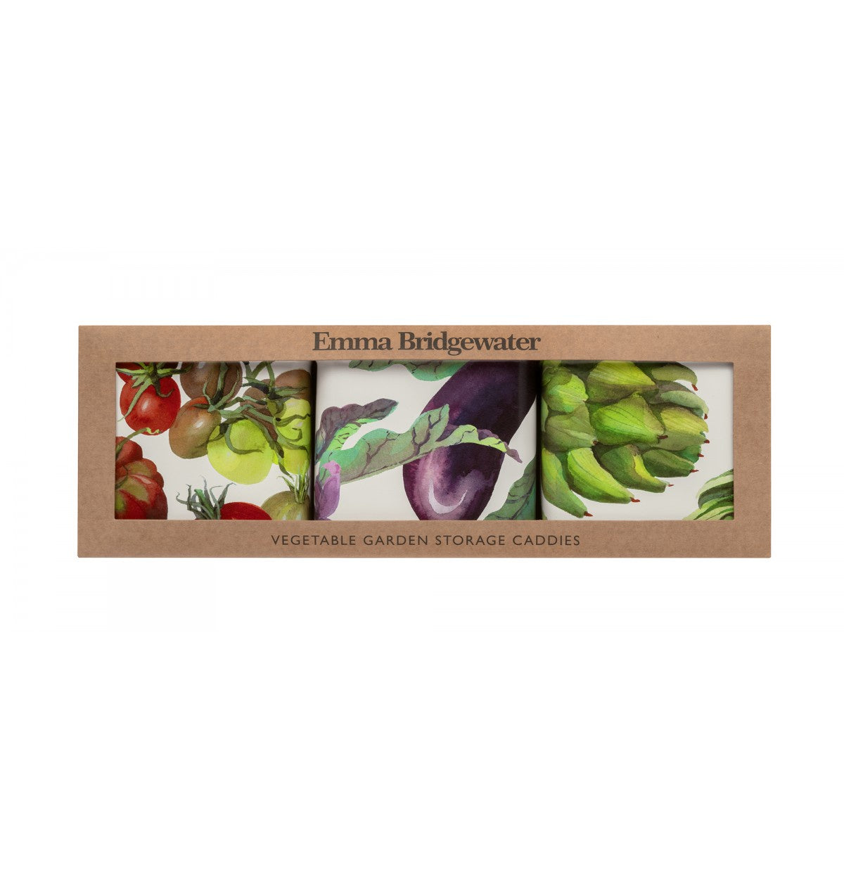 Emma Bridgewater vegetable garden storage caddies in a kraft paper box, featuring illustrations of tomatoes, eggplants, and artichokes.