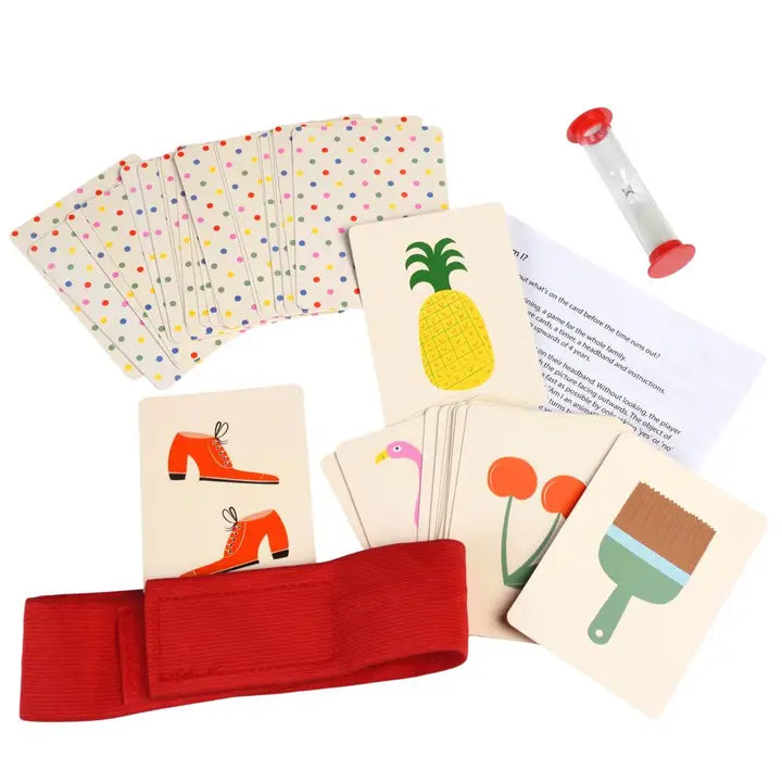 Educational cards with images and a red band on a white background