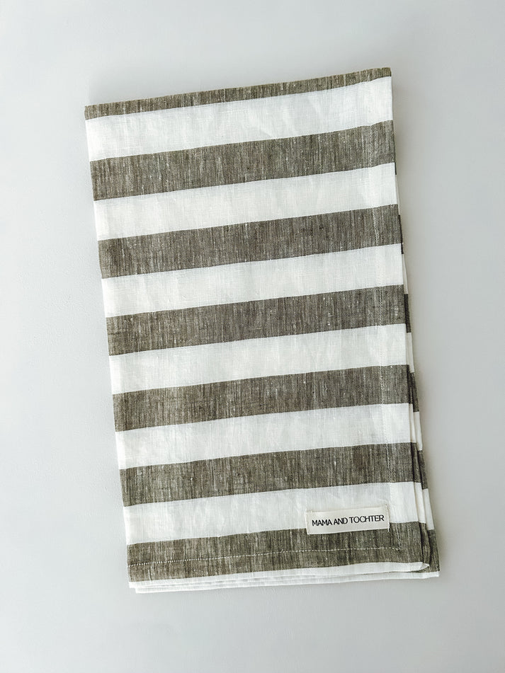 Mama & Tochter Pure French Linen Tea Towel: Wide Olive Stripe