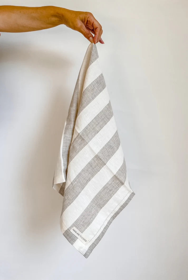 Mama & Tochter Pure French Linen Tea Towel: Natural Wide Stripe