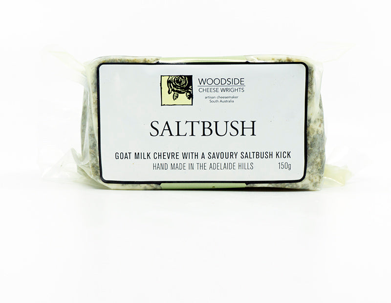 Woodside Cheese Wrights Saltbush goat milk chevre packaging on a white background
