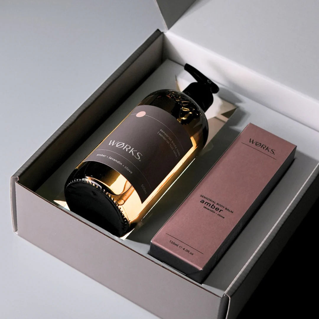 Two products in a box, one bottle and one bar of soap, with 'WORKS' branding.