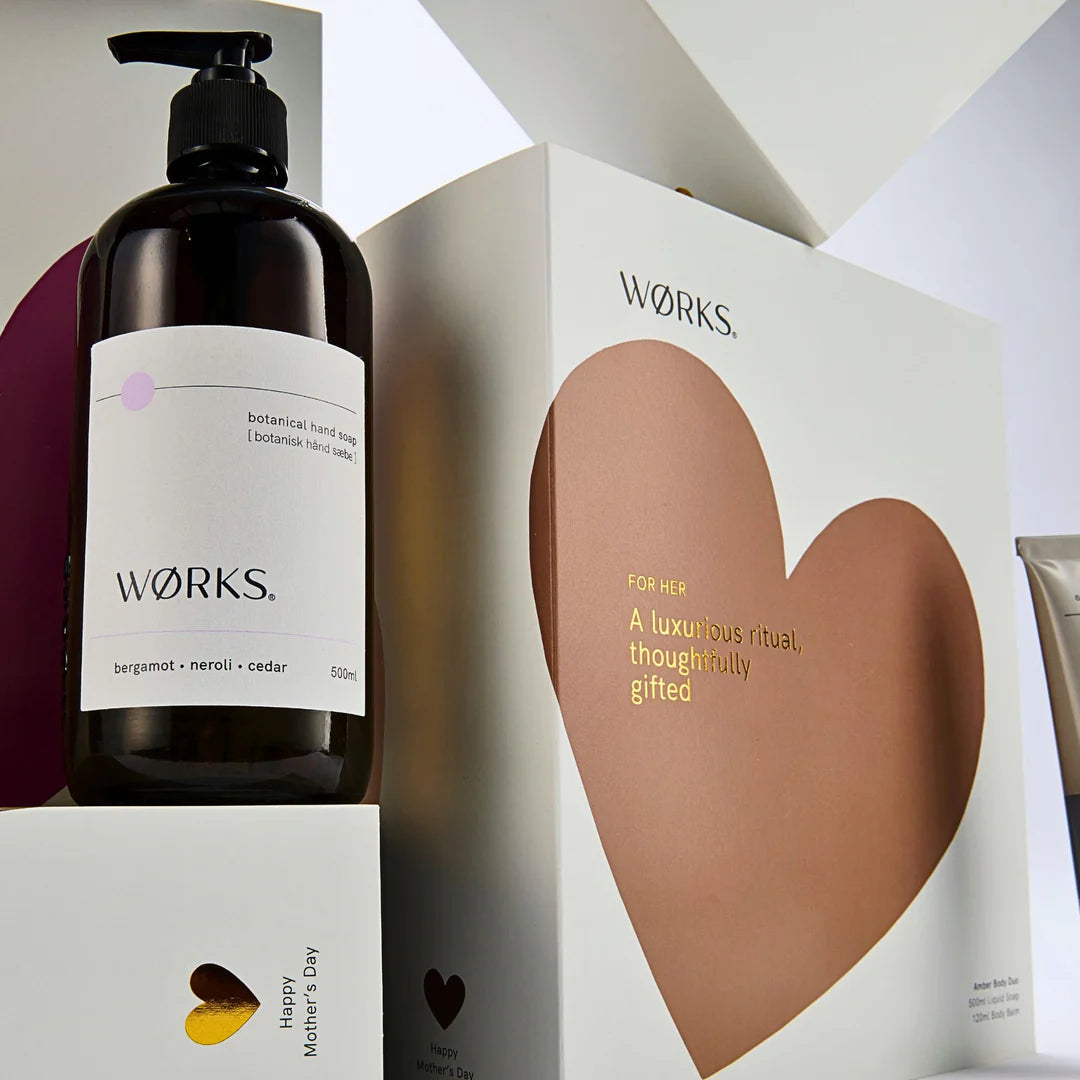 Works skincare bottle and packaging with heart design on a white background