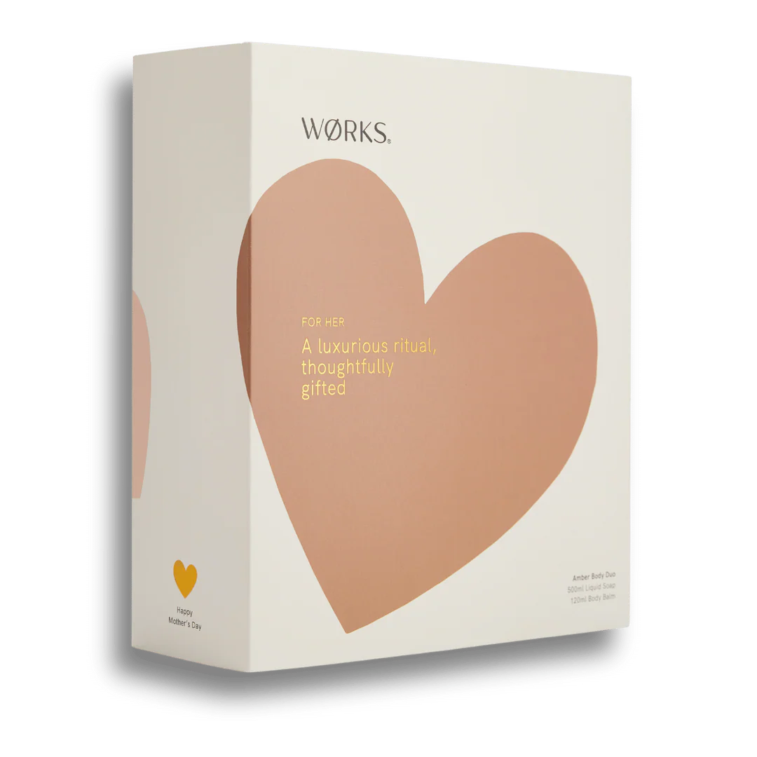 Product packaging with a heart design and text on a beige background