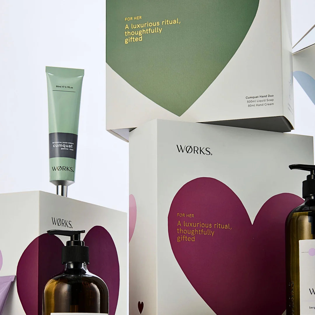 Works skincare products with packaging featuring heart designs and &