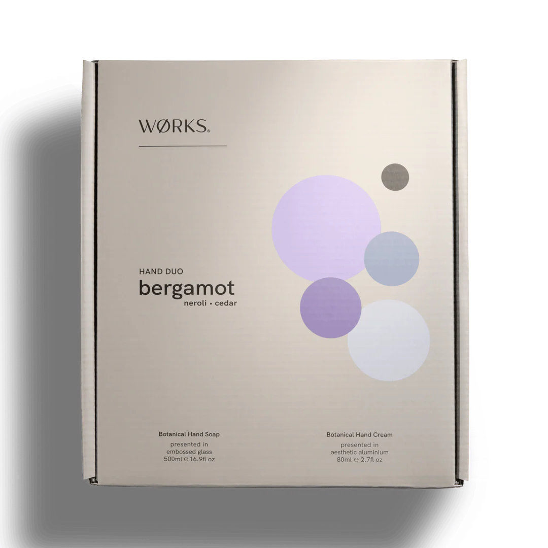 Works hand care product packaging with circles on a beige background