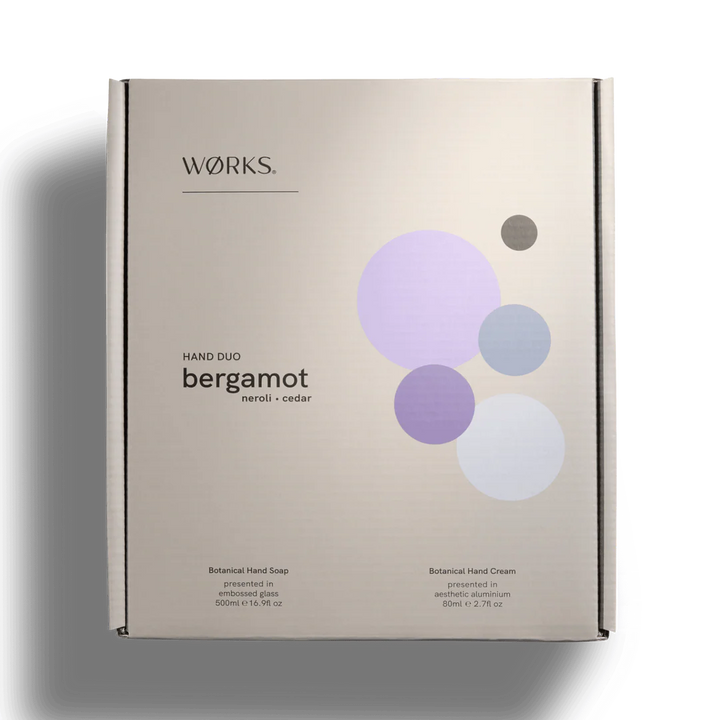 Works hand care product packaging with circles on a beige background